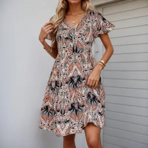 Women Summer Boho Flowy Dress 2025 Bohemian Floral Short Sleeve V Neck Casual Tiered Vacation Beach Petite Midi Dress