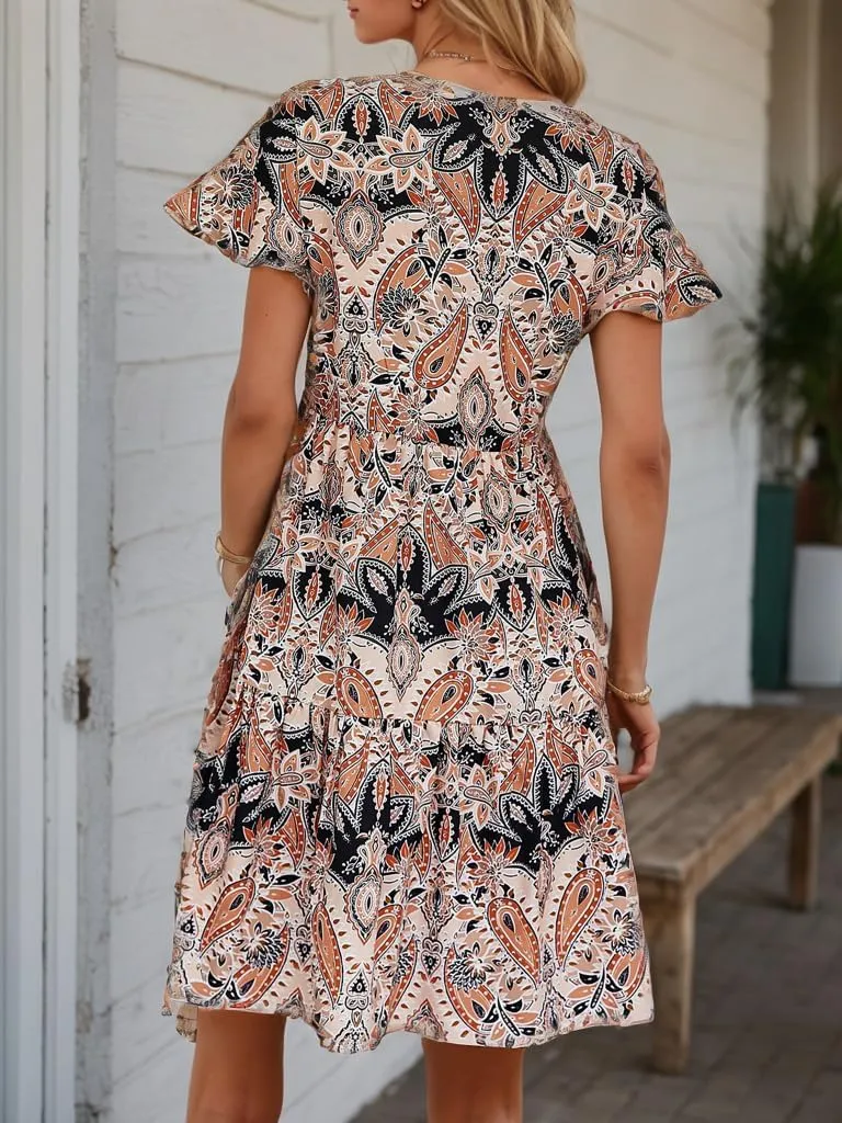 Women Summer Boho Flowy Dress 2025 Bohemian Floral Short Sleeve V Neck Casual Tiered Vacation Beach Petite Midi Dress