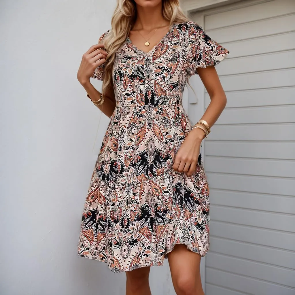 Women Summer Boho Flowy Dress 2025 Bohemian Floral Short Sleeve V Neck Casual Tiered Vacation Beach Petite Midi Dress