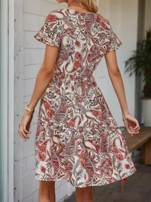 Women Summer Boho Flowy Dress 2025 Bohemian Floral Short Sleeve V Neck Casual Tiered Vacation Beach Petite Midi Dress