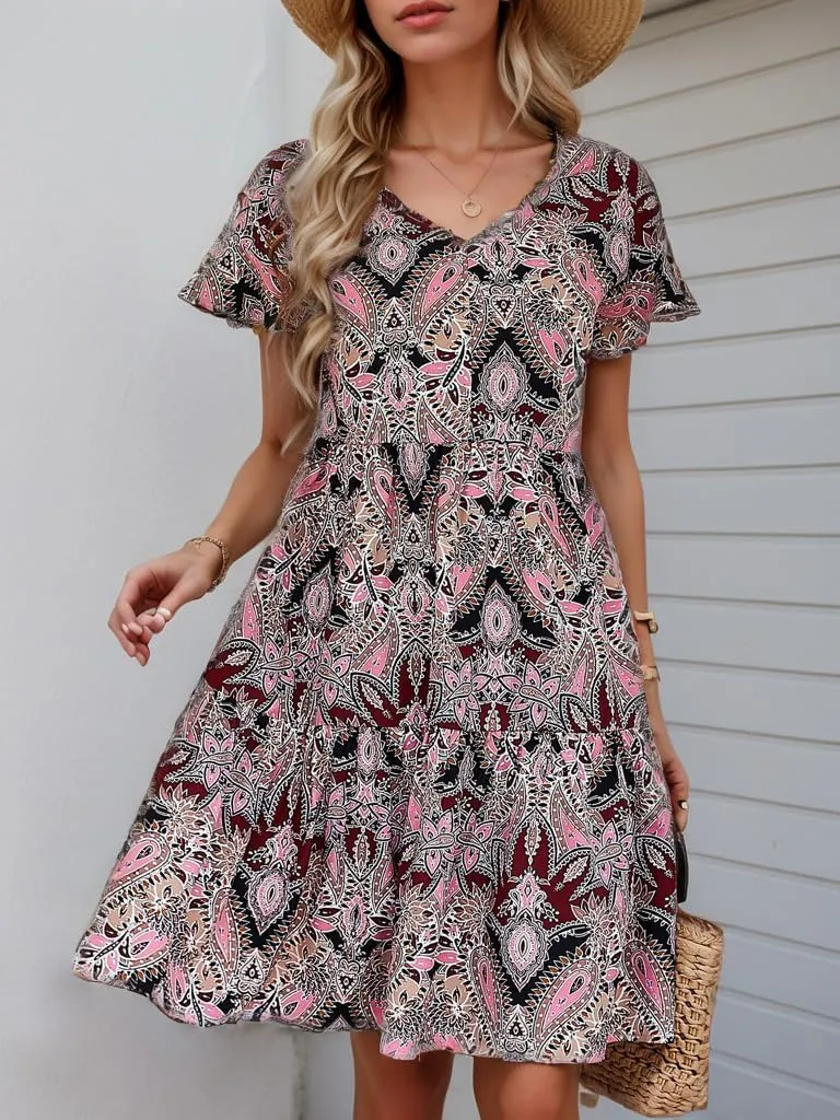 Women Summer Boho Flowy Dress 2025 Bohemian Floral Short Sleeve V Neck Casual Tiered Vacation Beach Petite Midi Dress