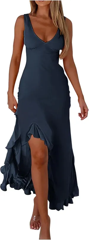 Women Summer Trendy Maxi Dresses Sleeveless Fit Flare Dress Hide Tummy Wrap V-Neck Ruffle Mesh Hem Long Sundress Elegant