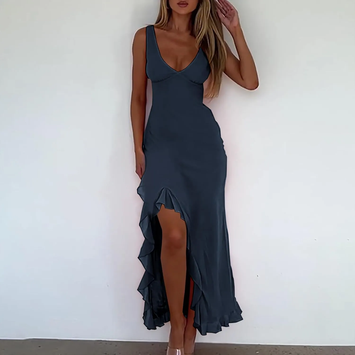 Women Summer Trendy Maxi Dresses Sleeveless Fit Flare Dress Hide Tummy Wrap V-Neck Ruffle Mesh Hem Long Sundress Elegant