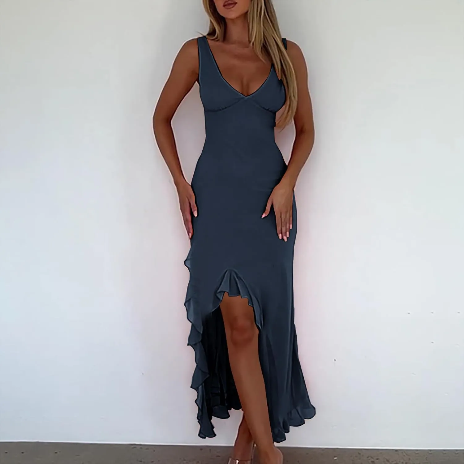 Women Summer Trendy Maxi Dresses Sleeveless Fit Flare Dress Hide Tummy Wrap V-Neck Ruffle Mesh Hem Long Sundress Elegant