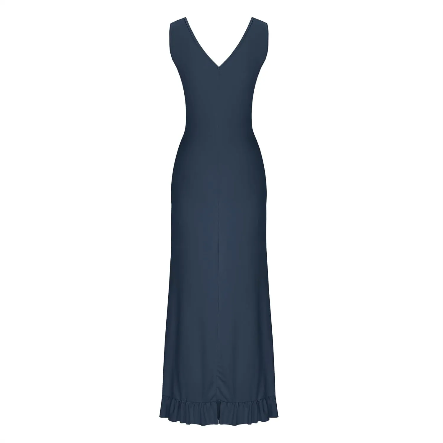 Women Summer Trendy Maxi Dresses Sleeveless Fit Flare Dress Hide Tummy Wrap V-Neck Ruffle Mesh Hem Long Sundress Elegant