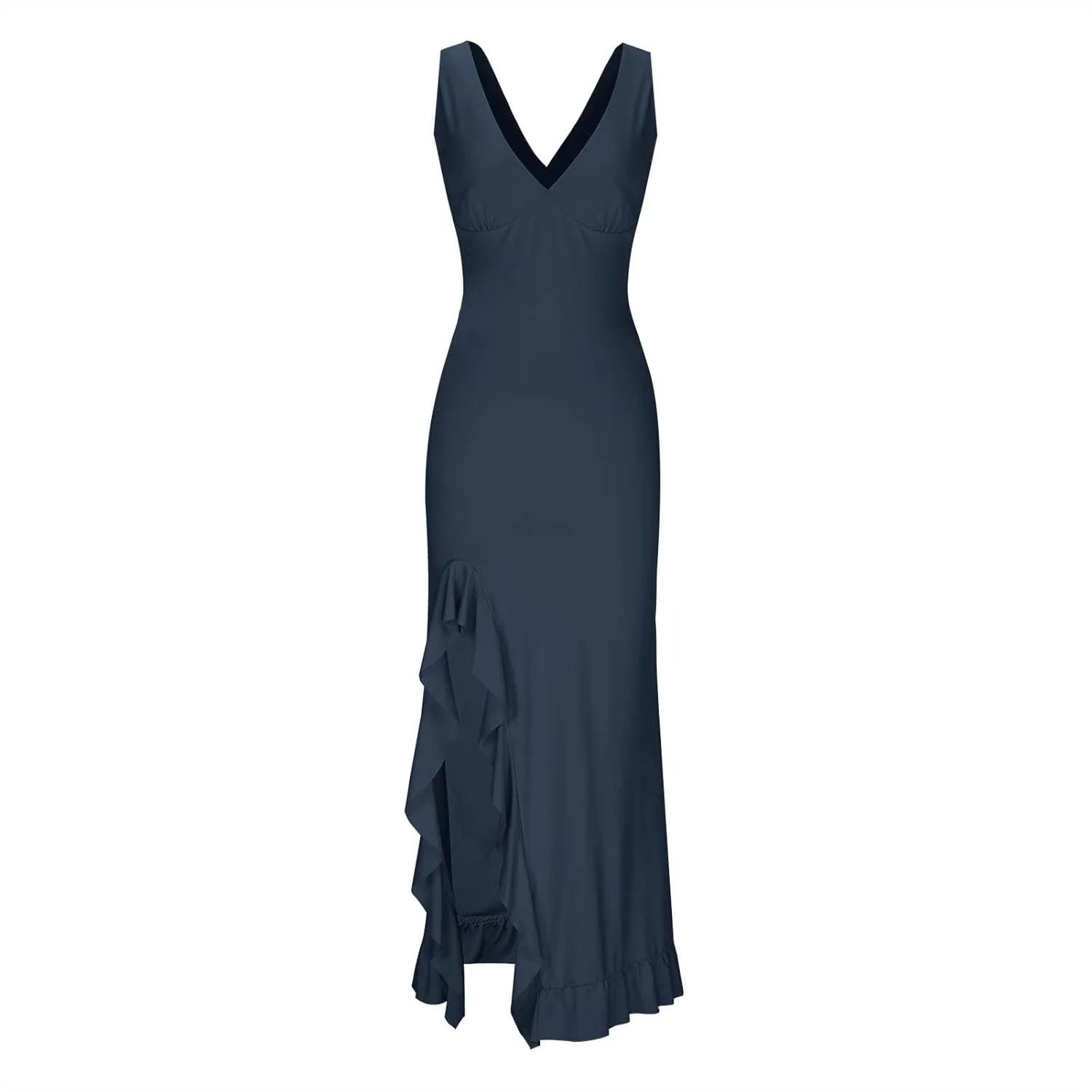 Women Summer Trendy Maxi Dresses Sleeveless Fit Flare Dress Hide Tummy Wrap V-Neck Ruffle Mesh Hem Long Sundress Elegant