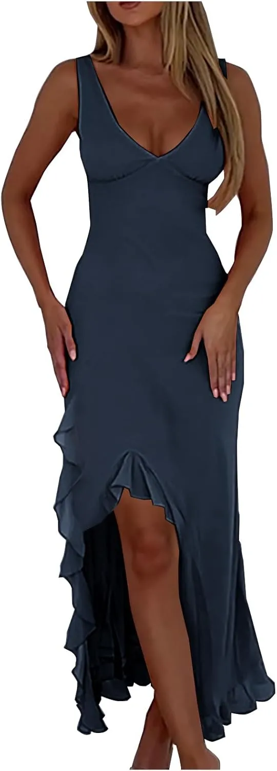 Women Summer Trendy Maxi Dresses Sleeveless Fit Flare Dress Hide Tummy Wrap V-Neck Ruffle Mesh Hem Long Sundress Elegant