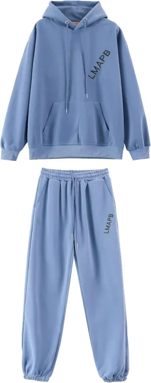 Women Tracksuit 2 Piece Oversized Outfit Long Sleeve Pullover Hoodie and Loose Sweatpants Jogging Pants Running Walking Hiking Track Suit (US, Alpha, One Size, Regular, Long, Blue)