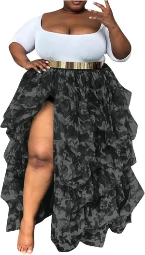 Women Tulle Long Skirt High Waist Ruffle Floor Length Dresses Wedding Guest Plus Size Dress Sexy Slit Puffy Maxi Skirts