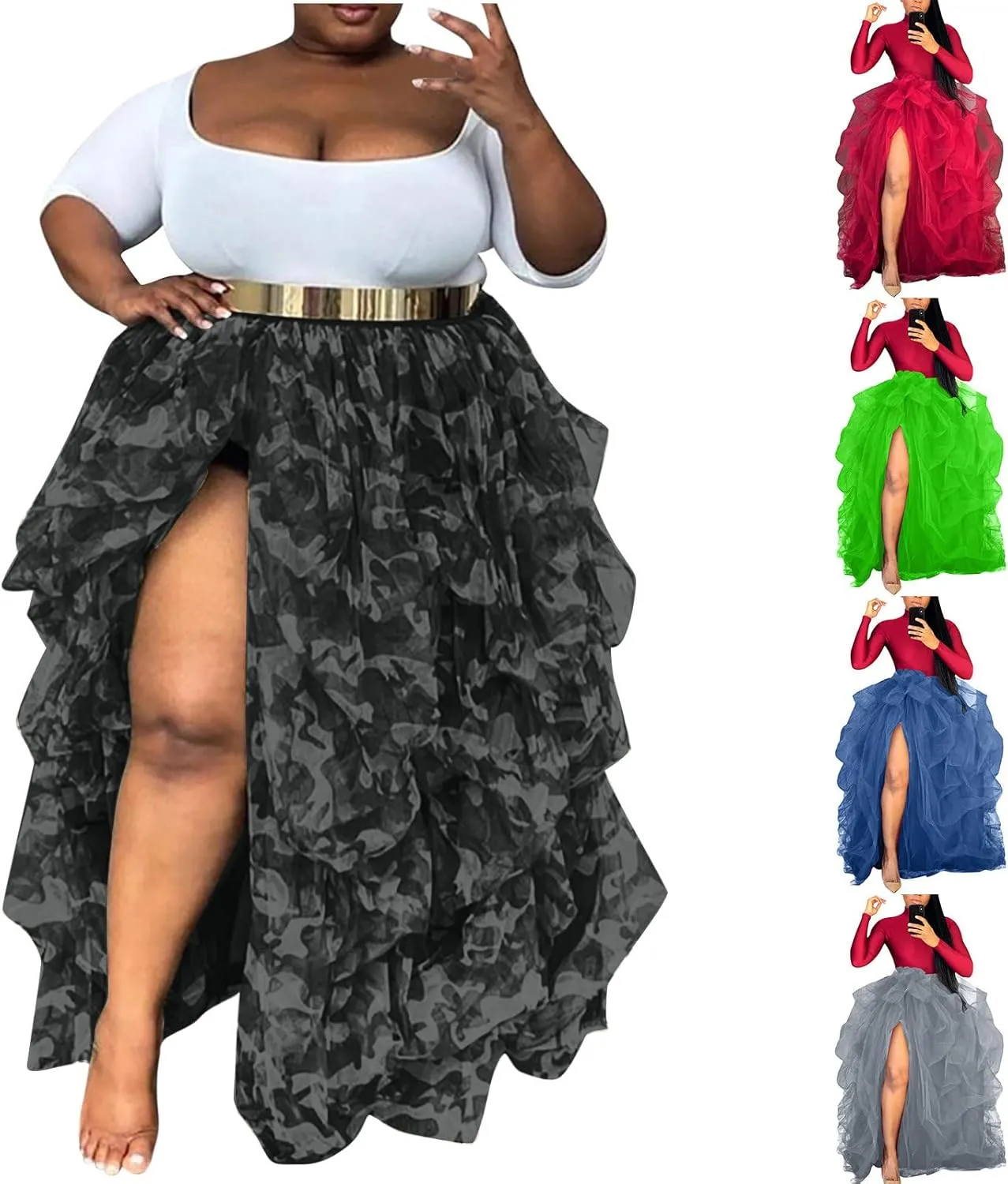Women Tulle Long Skirt High Waist Ruffle Floor Length Dresses Wedding Guest Plus Size Dress Sexy Slit Puffy Maxi Skirts