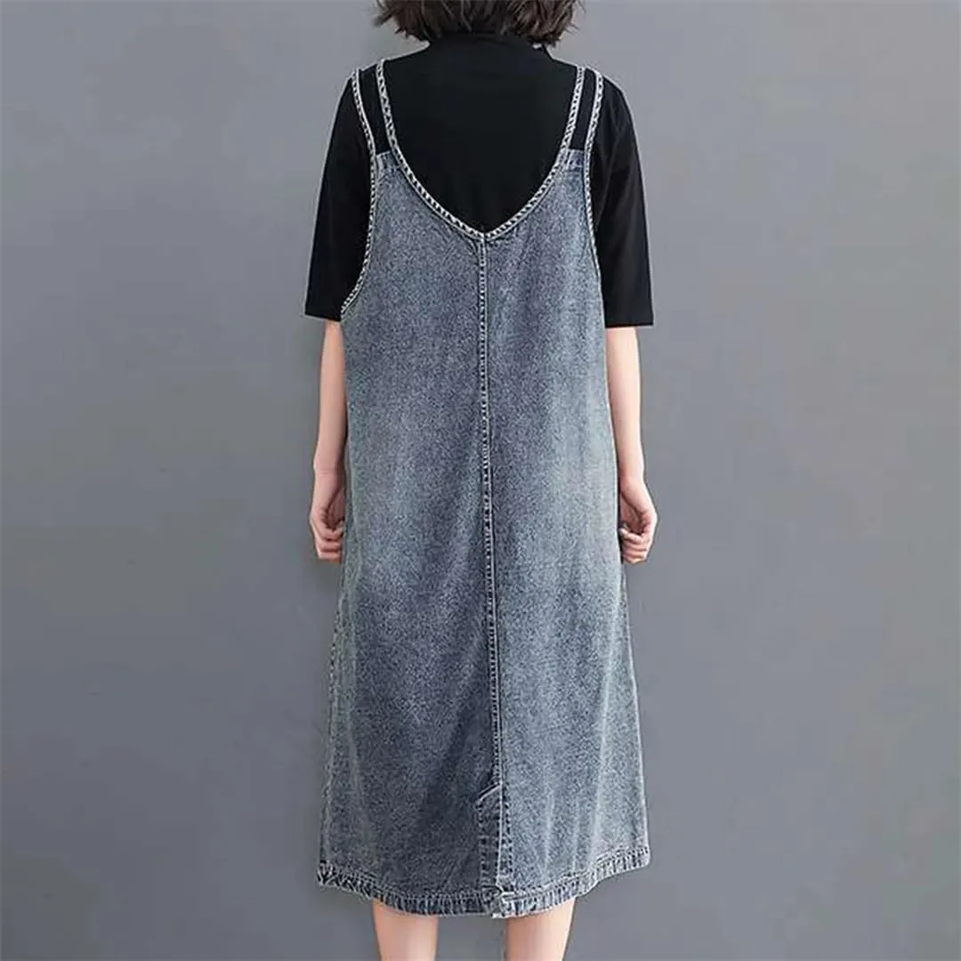 Women Vintage Loose Washed Denim Maxi Daily Wear Outfits Jeans Dresses