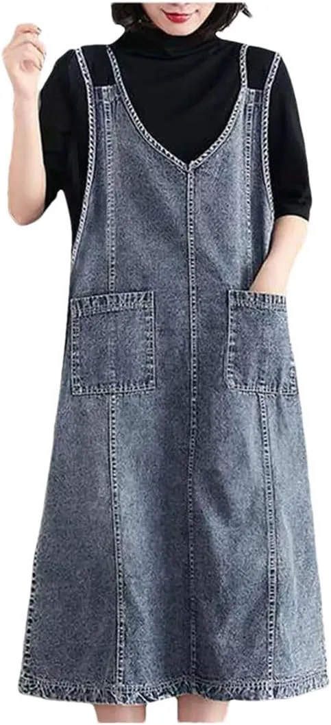 Women Vintage Loose Washed Denim Maxi Daily Wear Outfits Jeans Dresses