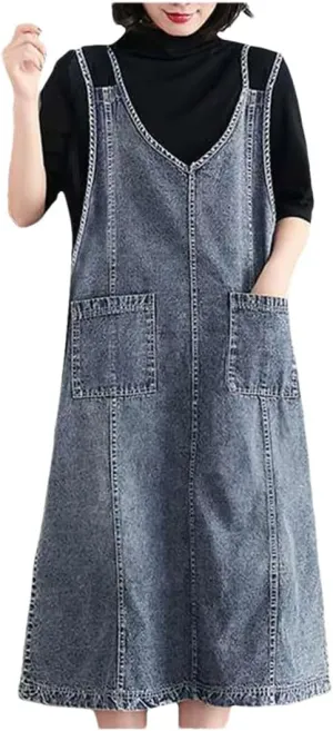 Women Vintage Loose Washed Denim Maxi Daily Wear Outfits Jeans Dresses