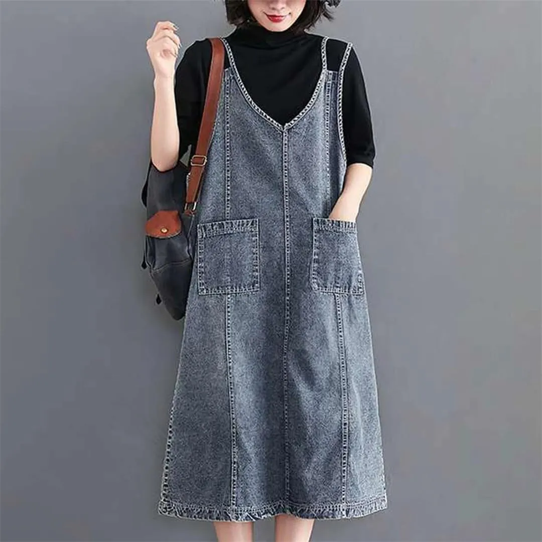 Women Vintage Loose Washed Denim Maxi Daily Wear Outfits Jeans Dresses