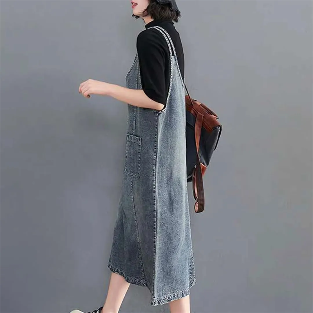 Women Vintage Loose Washed Denim Maxi Daily Wear Outfits Jeans Dresses