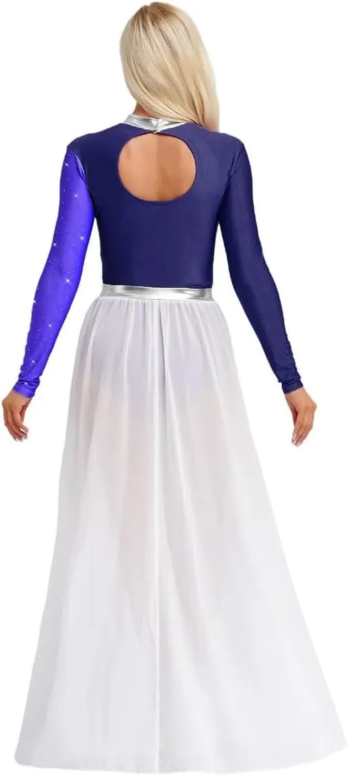 WomenChiffon Skirt DanceLeotardOutfits Rhinestones Skating Long Skirts Bodysuit Dancer Practice Wear