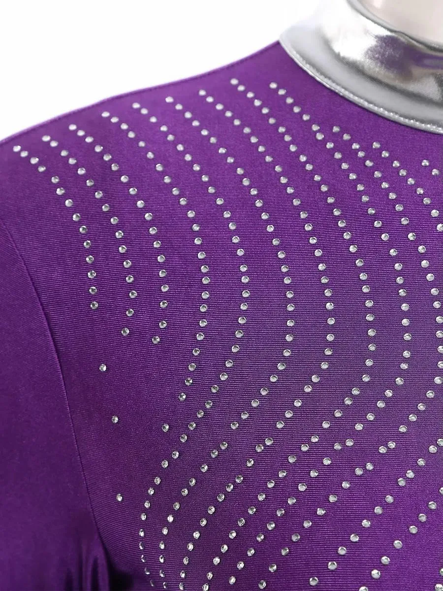WomenChiffon Skirt DanceLeotardOutfits Rhinestones Skating Long Skirts Bodysuit Dancer Practice Wear