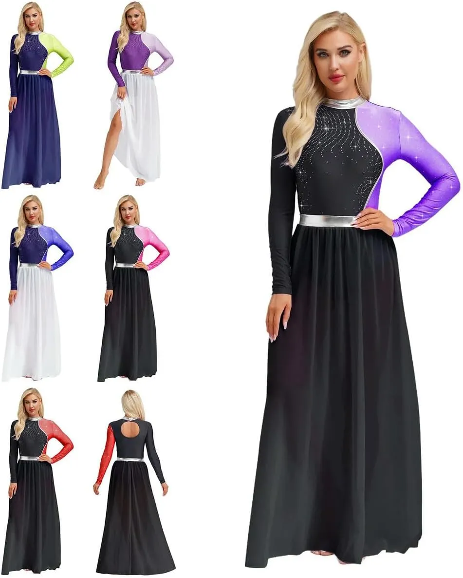 WomenChiffon Skirt DanceLeotardOutfits Rhinestones Skating Long Skirts Bodysuit Dancer Practice Wear