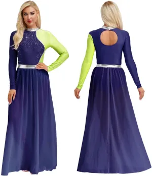 WomenChiffon Skirt DanceLeotardOutfits Rhinestones Skating Long Skirts Bodysuit Dancer Practice Wear