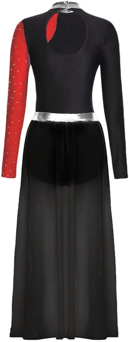 WomenChiffon Skirt DanceLeotardOutfits Rhinestones Skating Long Skirts Bodysuit Dancer Practice Wear