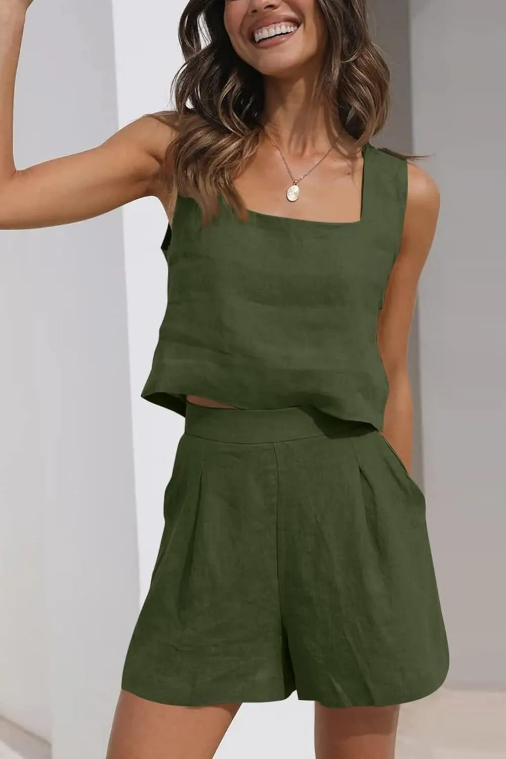 Women's 2 Piece Sets Linen Tank Cropped Tops Matching Lounge Shorts Sets for Women Summer Two Piece Outfits Pajamas