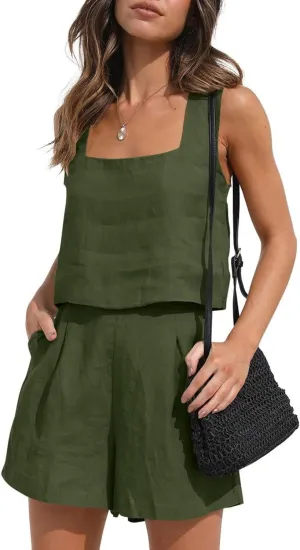 Women's 2 Piece Sets Linen Tank Cropped Tops Matching Lounge Shorts Sets for Women Summer Two Piece Outfits Pajamas