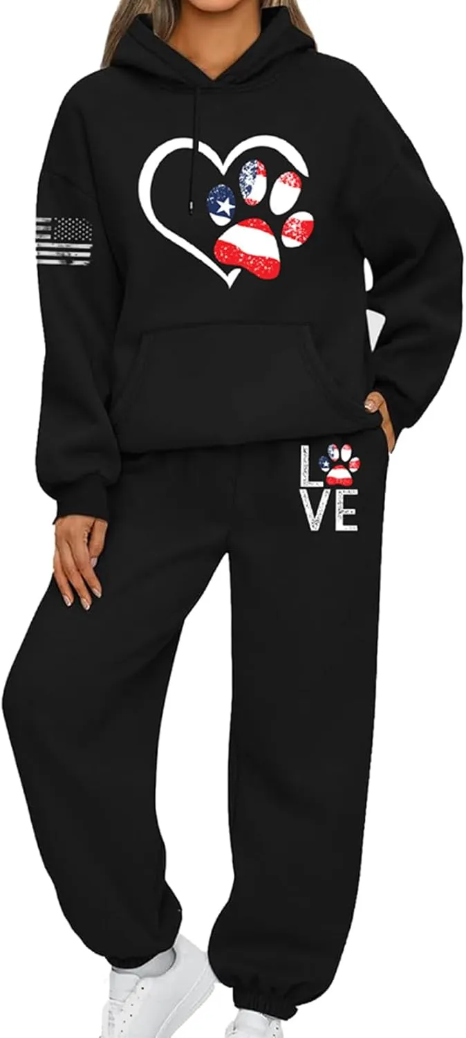 Women's 2-piece tracksuit set Flag design large size sportswear, casual jogging pants, gym yoga sportswear M-3XL