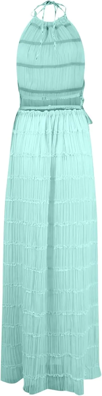 Women's Adjustable Backless Tie Halter Tank Top and Pleated Retro Drawstring Long Maxi Skirts Tiered Ruffle Skirt Sets
