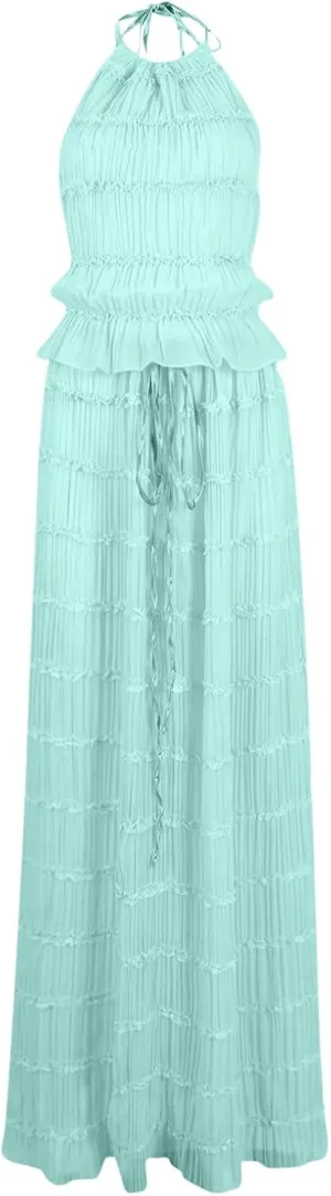 Women's Adjustable Backless Tie Halter Tank Top and Pleated Retro Drawstring Long Maxi Skirts Tiered Ruffle Skirt Sets