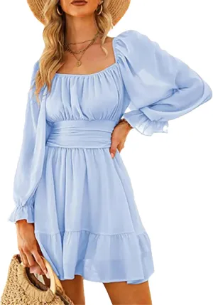 WomenS Backless Tie Detail Mini Dress - Square Neck Ruffle Bow Evening Wear