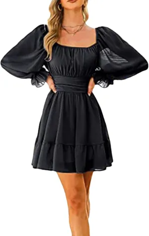 WomenS Backless Tie Detail Mini Dress - Square Neck Ruffle Bow Evening Wear