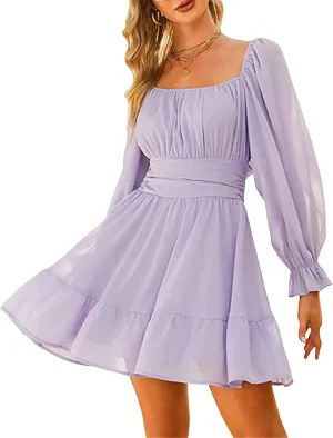 WomenS Backless Tie Detail Mini Dress - Square Neck Ruffle Bow Evening Wear