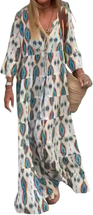 Women's Bohemian Maxi Dress V-Neck Long Sleeves Print Flowy Skirt Casual A-Line Spring Vacation Dresses