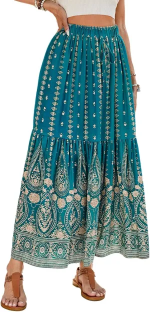 Women's Boho Maxi Skirt, Flowy Tiered, Lightweight Beach Vacation Outfits