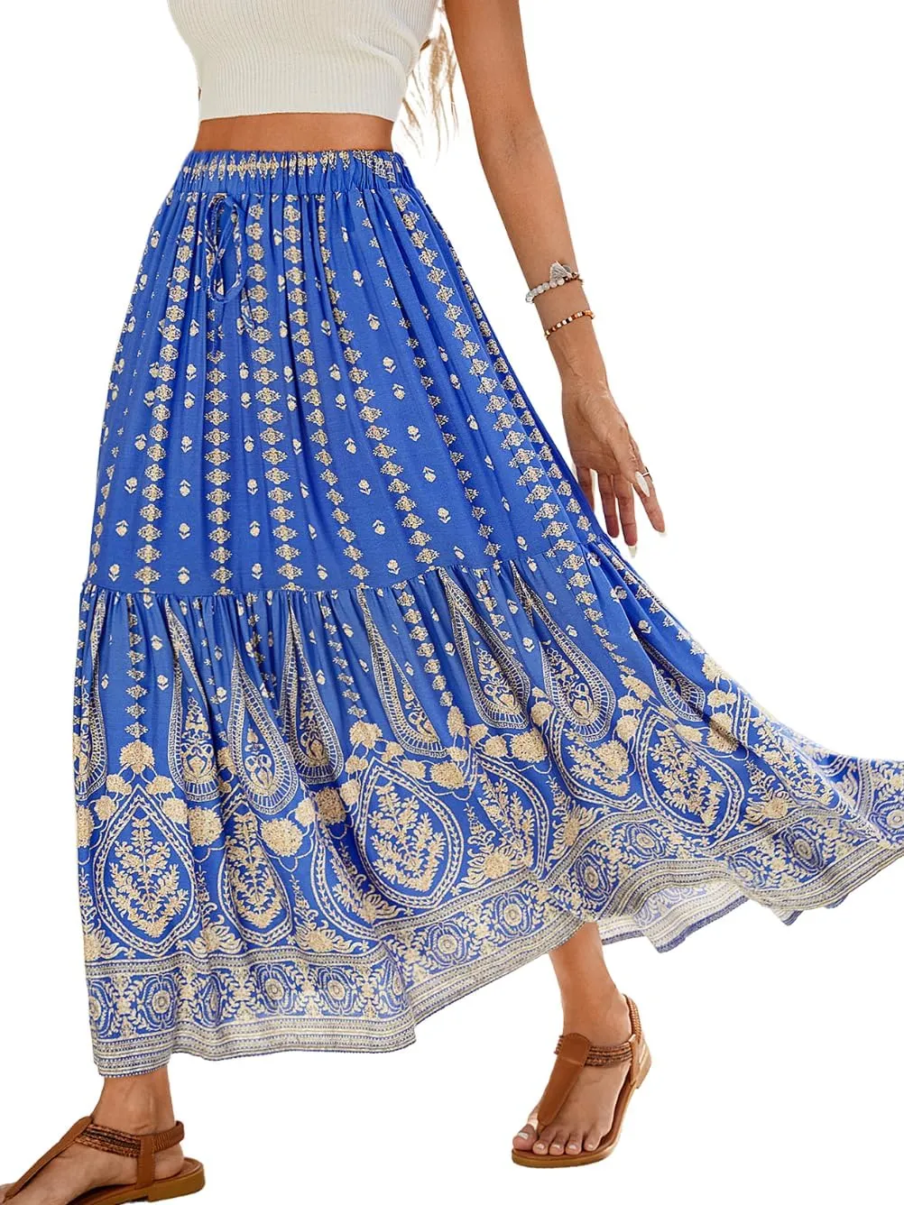 Women's Boho Maxi Skirt, Flowy Tiered, Lightweight Beach Vacation Outfits