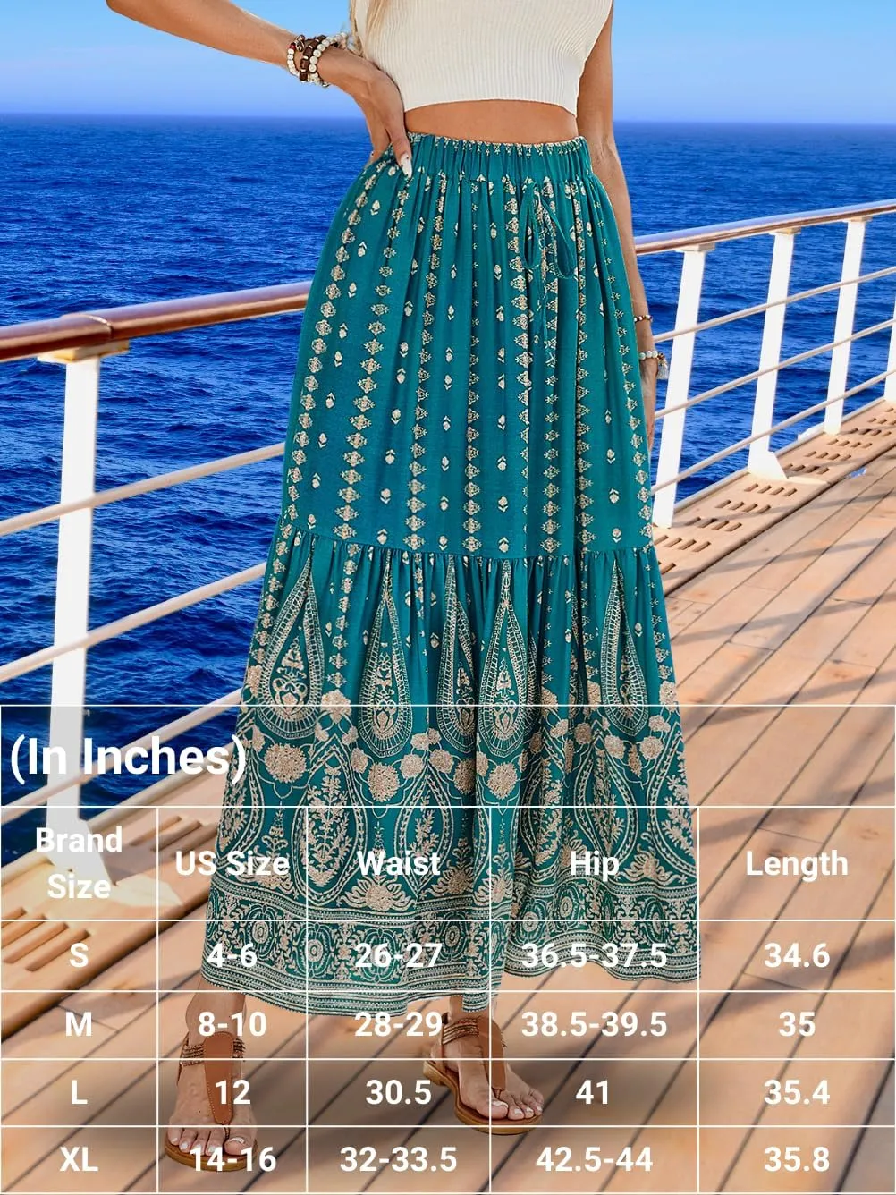 Women's Boho Maxi Skirt, Flowy Tiered, Lightweight Beach Vacation Outfits