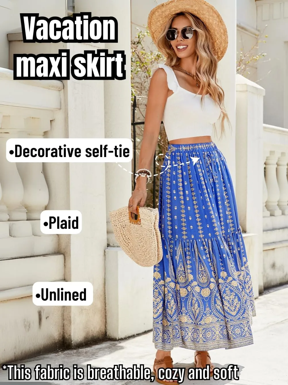 Women's Boho Maxi Skirt, Flowy Tiered, Lightweight Beach Vacation Outfits