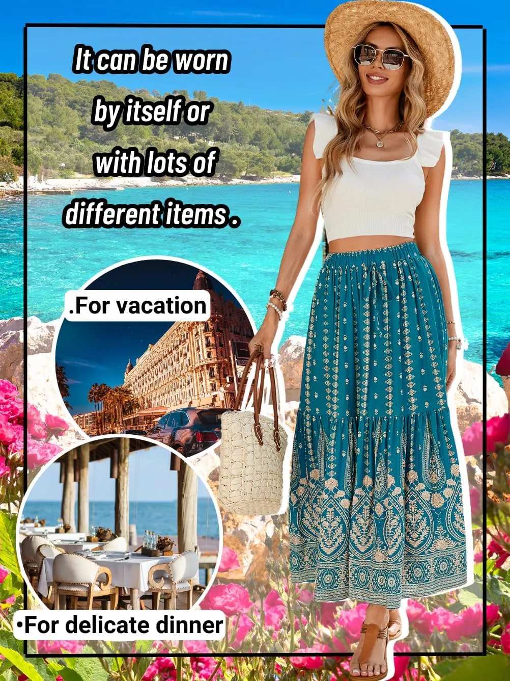 Women's Boho Maxi Skirt, Flowy Tiered, Lightweight Beach Vacation Outfits