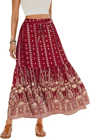 Women's Boho Maxi Skirt, Flowy Tiered, Lightweight Beach Vacation Outfits