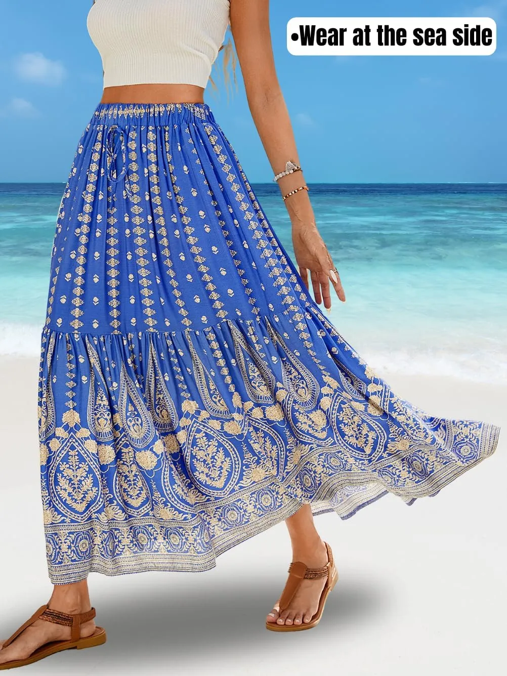Women's Boho Maxi Skirt, Flowy Tiered, Lightweight Beach Vacation Outfits