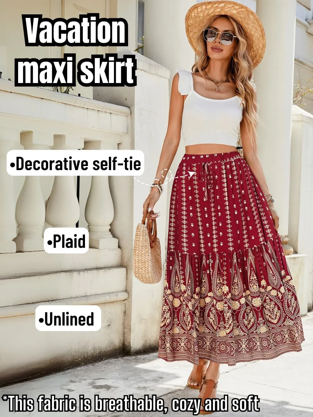 Women's Boho Maxi Skirt, Flowy Tiered, Lightweight Beach Vacation Outfits