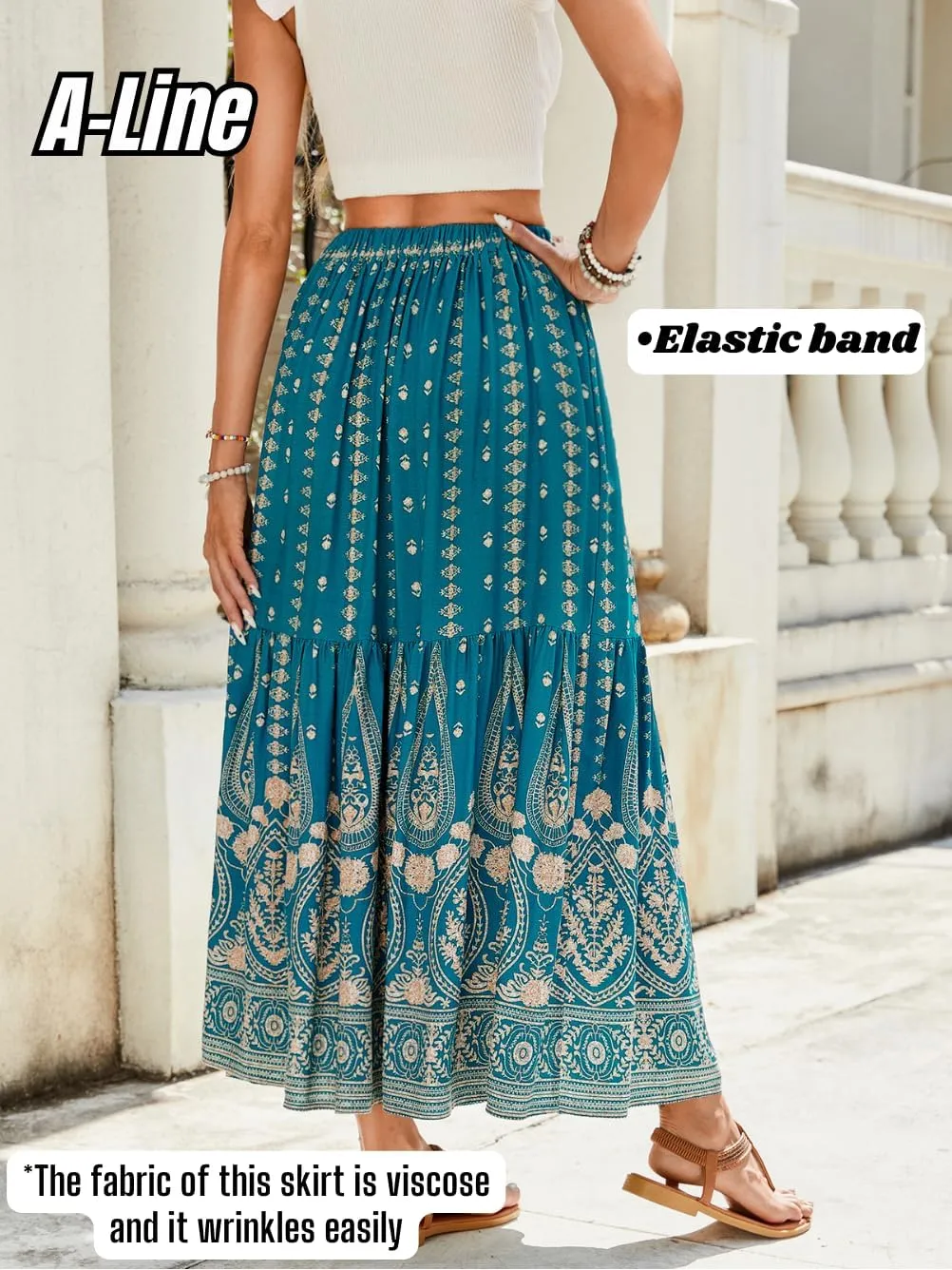 Women's Boho Maxi Skirt, Flowy Tiered, Lightweight Beach Vacation Outfits