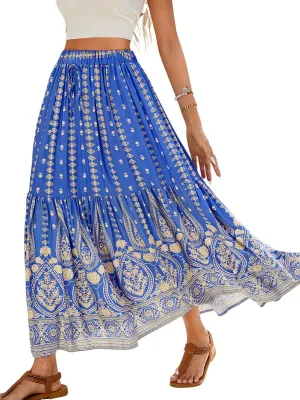 Women's Boho Maxi Skirt, Flowy Tiered, Lightweight Beach Vacation Outfits