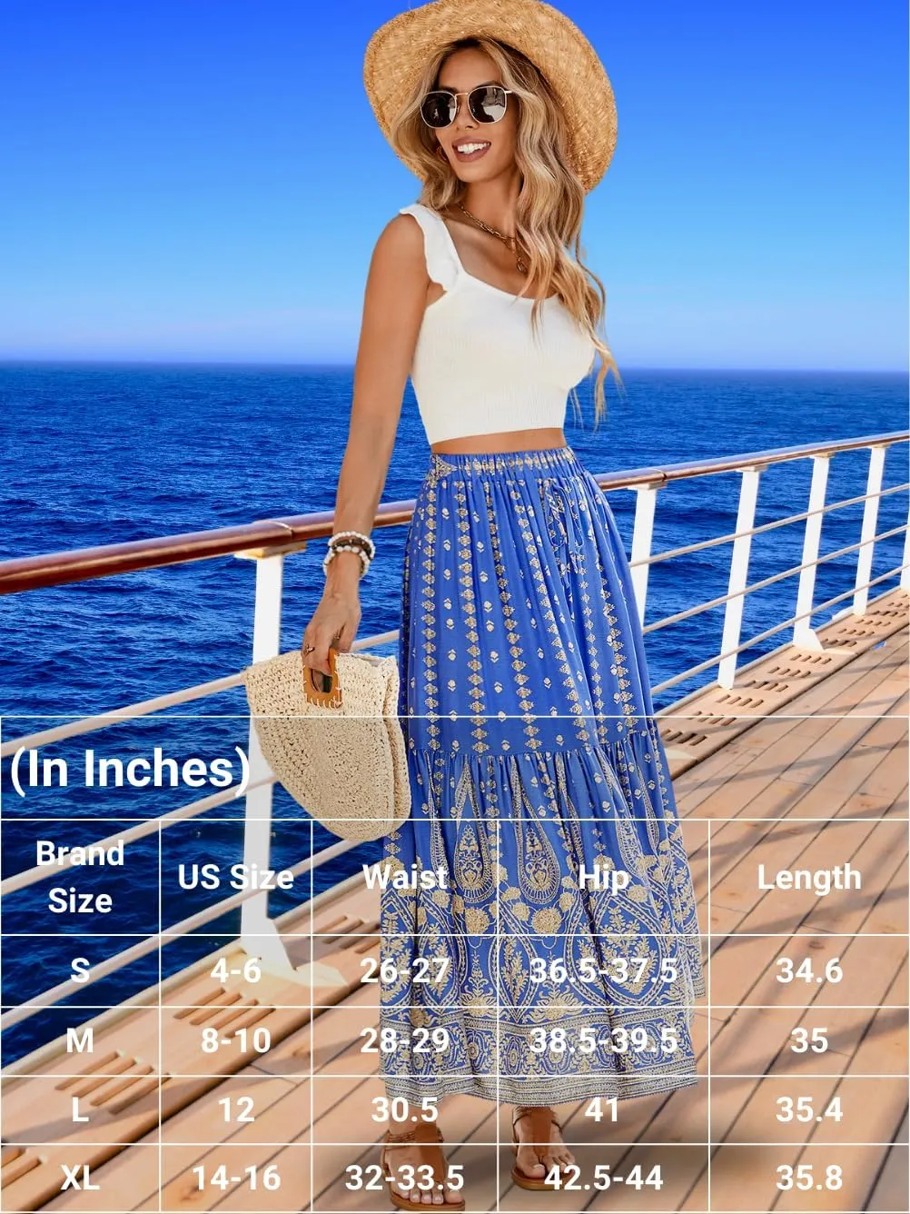 Women's Boho Maxi Skirt, Flowy Tiered, Lightweight Beach Vacation Outfits