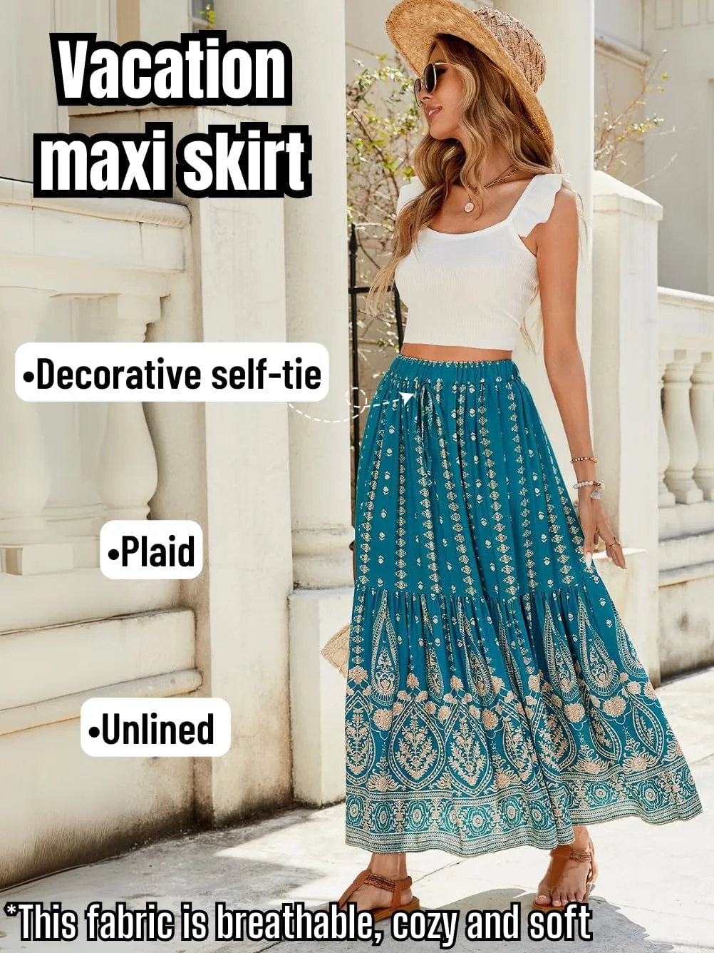 Women's Boho Maxi Skirt, Flowy Tiered, Lightweight Beach Vacation Outfits