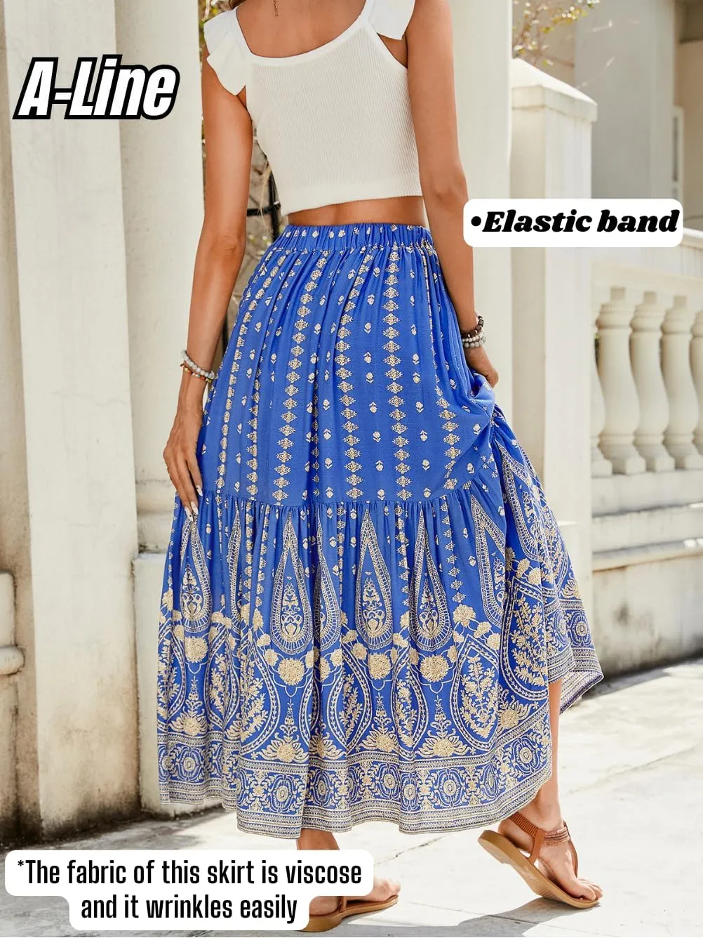Women's Boho Maxi Skirt, Flowy Tiered, Lightweight Beach Vacation Outfits