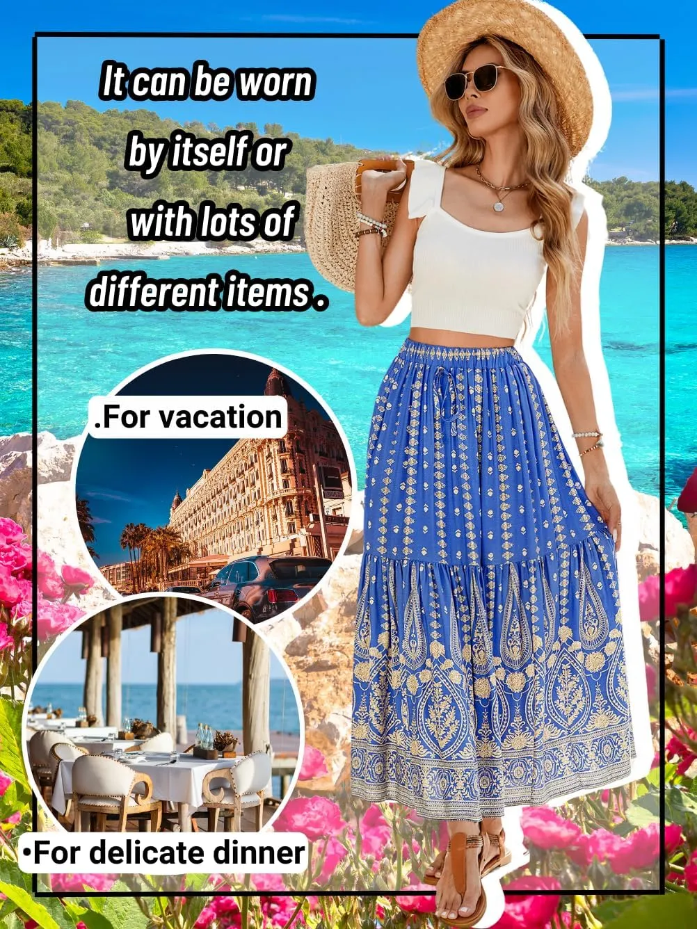 Women's Boho Maxi Skirt, Flowy Tiered, Lightweight Beach Vacation Outfits