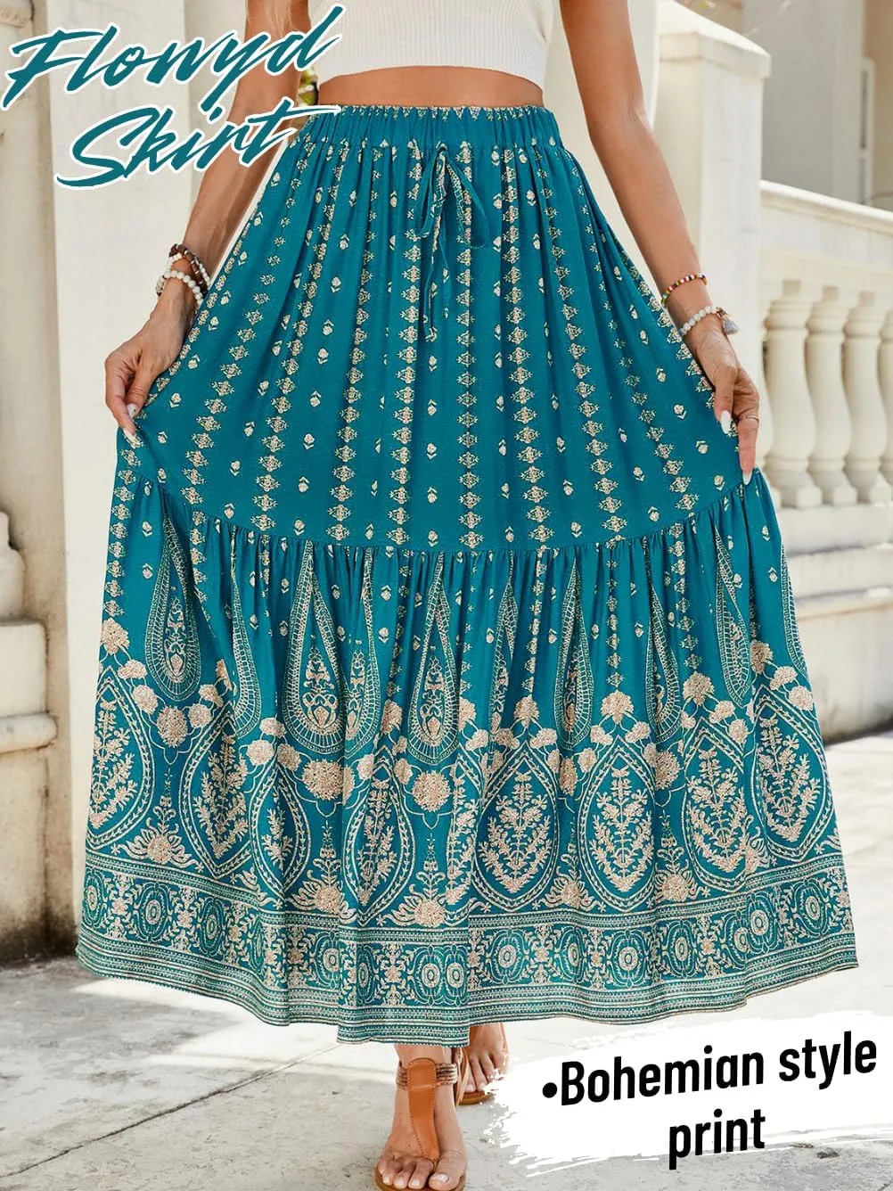Women's Boho Maxi Skirt, Flowy Tiered, Lightweight Beach Vacation Outfits