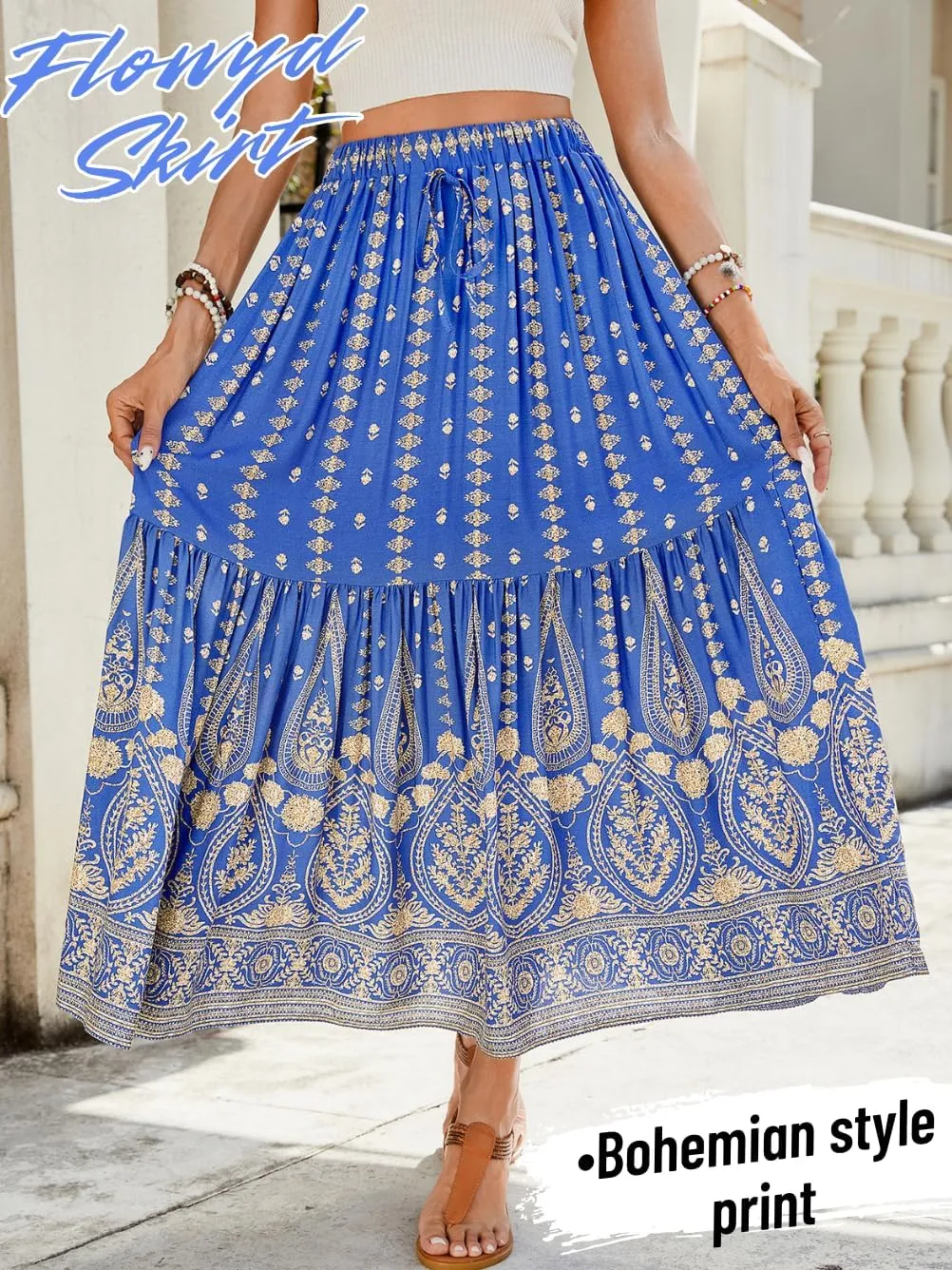 Women's Boho Maxi Skirt, Flowy Tiered, Lightweight Beach Vacation Outfits