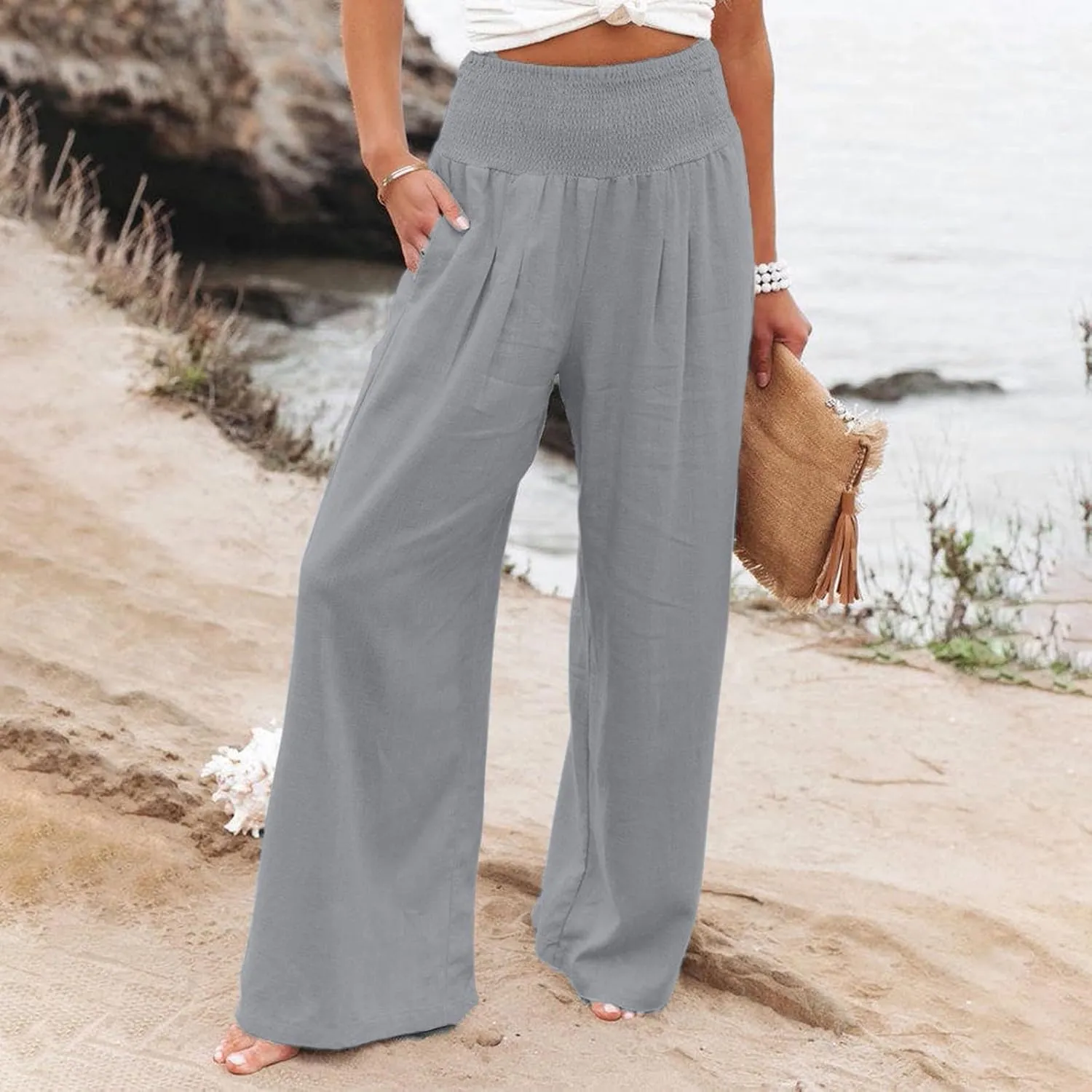 Womens Casual Cotton Linen Palazzo Pants Drawstring Elastic High Waist Wide Leg Trousers Beach Vacation Outfits
